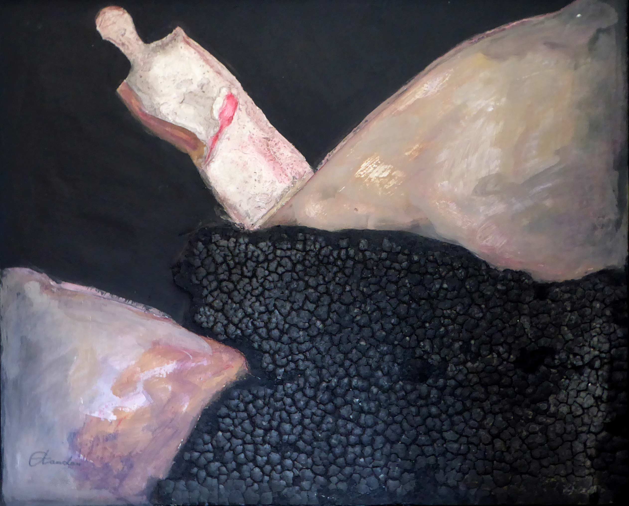 "Krieg" Relief verkohltes Holz, Gips, Acryl 110x90 cm